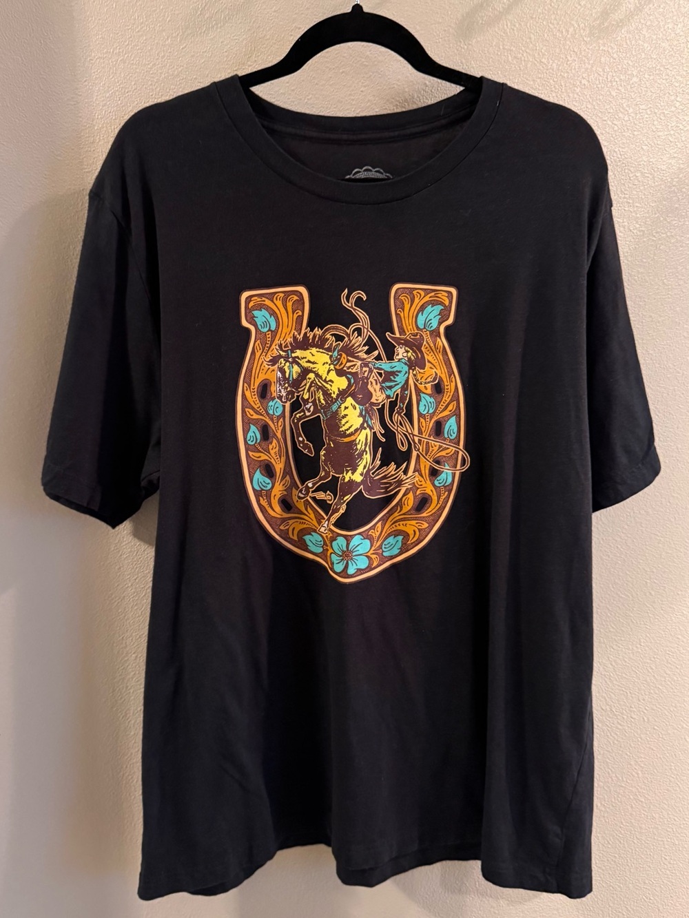 Black Graphic Short Sleeve Tee with Western Horse Emblem